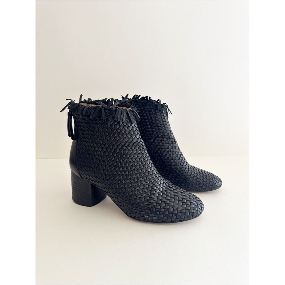 Linea Paolo Black Woven Leather fringe Sabina ankle boots